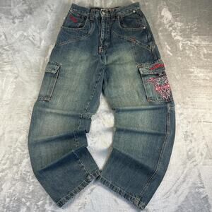 Vintage Piko Cargo Jeans Mens Small faded Blue Baggy Y2K Double Knee Hawaii